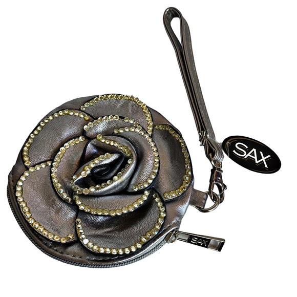 NWT Sax flower wristlet pebbled gray with rhinestone trim vegan leather 5” - Picture 1 of 5
